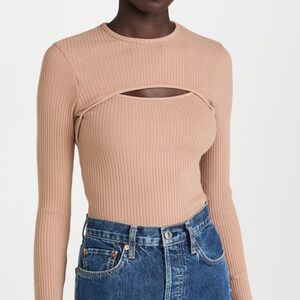 Agolde Ribbed Beige Long Sleeve Cutout Top